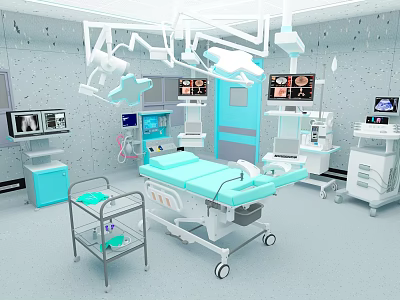 Modern Operating Room Interior With Surgical Bed Lights And Medical Monitors 3d model