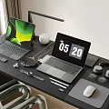 Modern Work Desk Setup With Laptops Smart Speaker Watch Headphones Mouse And Pens
