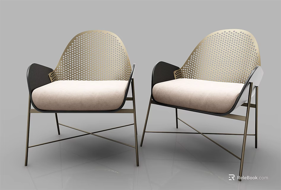 Stylish Single Armchair with Perforated Backrest Metal Frame and Light Cushion 3d model 