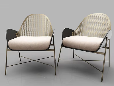 Stylish Single Armchair with Perforated Backrest Metal Frame and Light Cushion 3d model