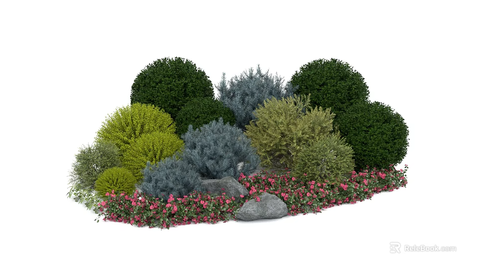 Colorful Garden Shrubs With Green Blue Yellow Foliage Pink Flowers And Stones 3d model 