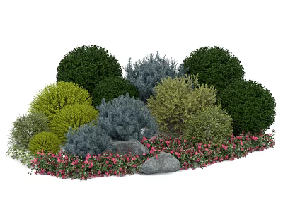 Colorful Garden Shrubs With Green Blue Yellow Foliage Pink Flowers And Stones 3d model