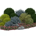 Colorful Garden Shrubs With Green Blue Yellow Foliage Pink Flowers And Stones