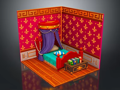 Red Walled Interior Scene With Gold Fleur De Lis Patterns Canopy Bed And Wooden Floor 3d model