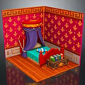 Red Walled Interior Scene With Gold Fleur De Lis Patterns Canopy Bed And Wooden Floor