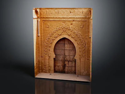 Arabic Style Entrance Gate With Arched Wooden Door And Intricate Stone Carvings 3d model
