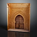 Arabic Style Entrance Gate With Arched Wooden Door And Intricate Stone Carvings