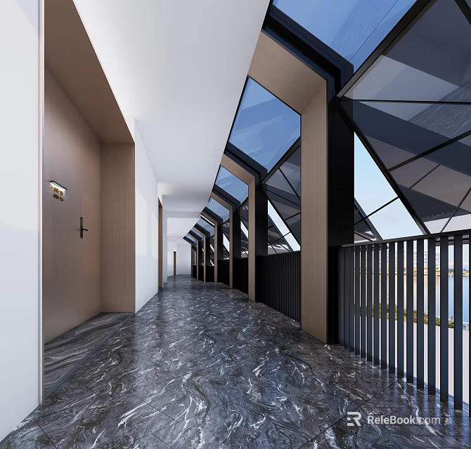 Modern Office Corridor Interior Design With Glass Skylights Marble Flooring And Black Railings 3d model 