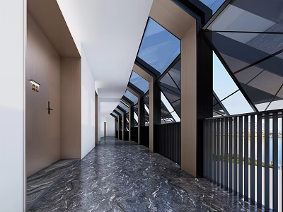 Modern Office Corridor Interior Design With Glass Skylights Marble Flooring And Black Railings 3d model