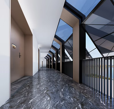 Modern Office Corridor Interior Design With Glass Skylights Marble Flooring And Black Railings 3d model