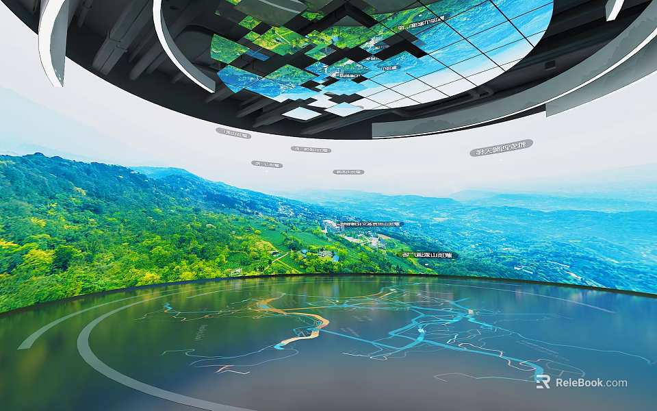Immersive Exhibition Space With Circular Floor Blue Paths And Curved Screens Displaying Green Mountain Scenery 3d model 
