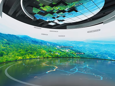 Immersive Exhibition Space With Circular Floor Blue Paths And Curved Screens Displaying Green Mountain Scenery 3d model