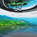 Immersive Exhibition Space With Circular Floor Blue Paths And Curved Screens Displaying Green Mountain Scenery