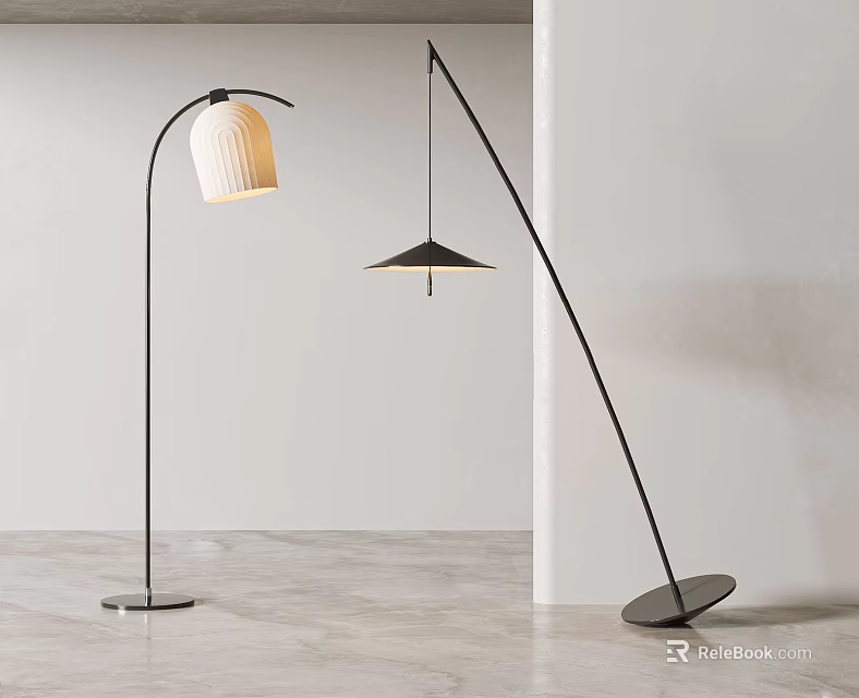 Modern Curved Floor Lamps With Cream And Black Shades In Minimalist Interior 3d model 