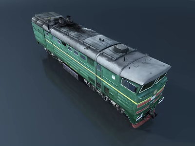 Vintage Green Train Locomotive With Gray Roof Metal Body And Side Windows 3d model