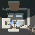 Modern Minimalist Café Interior Design With Gray Beige Walls Square Pendant Light And Tree Sculpture