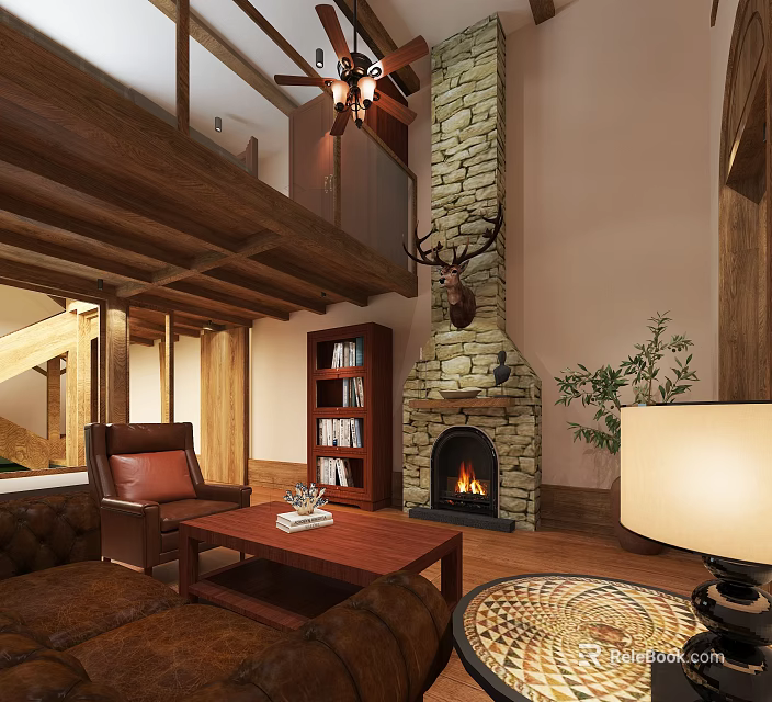 Duplex Living Room Interior With Stone Fireplace Wooden Beams Deer Head Decor And Potted Plant 3d model 