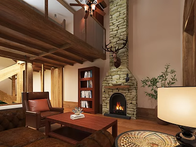 Duplex Living Room Interior With Stone Fireplace Wooden Beams Deer Head Decor And Potted Plant 3d model