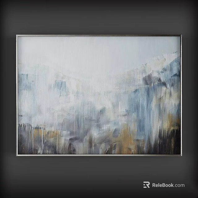 Modern Abstract Painting With Gray Blue Yellow Brush Strokes And Layered Design 3d model 