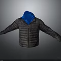 Warm Hooded Quilted Puffer Jacket In Dark Gray With Blue Hood