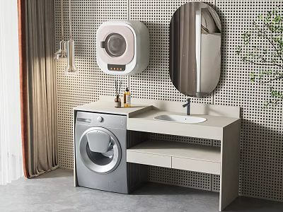 Modern Bathroom Cabinet With Washing Machine Wall Mounted Dryer Round Mirror And Sink 3d model