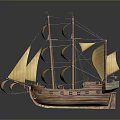 Classic Wooden Sailing Ship Model With Yellow Sails And Tall Masts