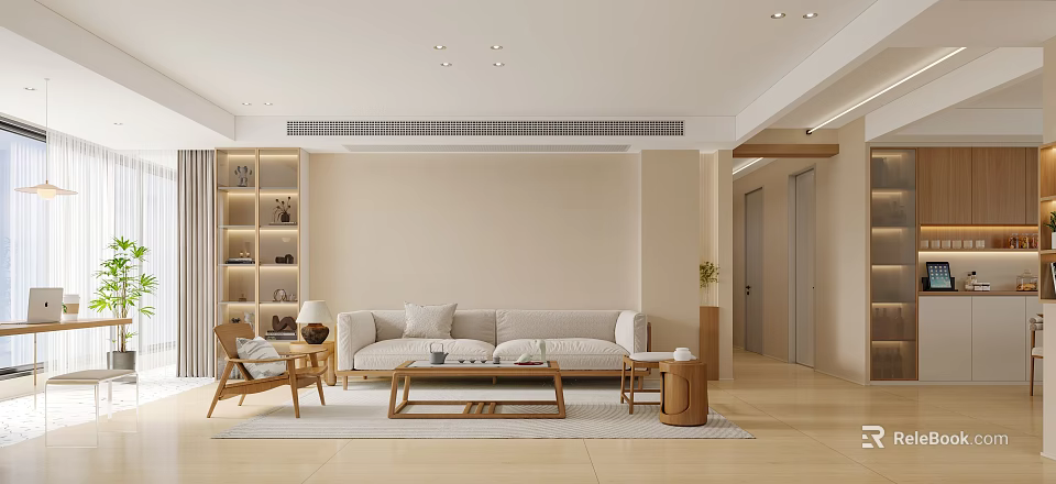 Modern Minimalist Living Dining Room With Light Gray Sofa And Wooden Coffee Table 3d model 