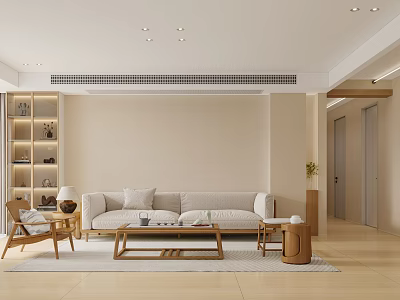Modern Minimalist Living Dining Room With Light Gray Sofa And Wooden Coffee Table 3d model