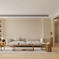 Modern Minimalist Living Dining Room With Light Gray Sofa And Wooden Coffee Table