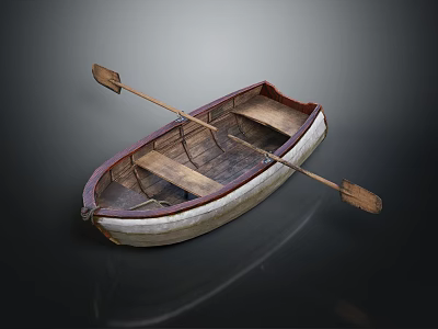 Classic Wooden Boat With Traditional Design Wooden Seats And Paddle On Dark Surface 3d model