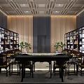 Traditional Chinese Conference Room With Wooden Bookshelves And Calligraphy Decorations