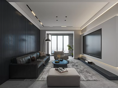 Modern Living Dining Room Interior With Black Leather Sofa Round Coffee Table And TV Wall 3d model