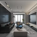 Modern Living Dining Room Interior With Black Leather Sofa Round Coffee Table And TV Wall