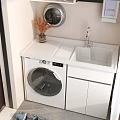 Modern Bathroom Cabinet With White Countertop Sink Faucet Washing Machine And Round Mirror
