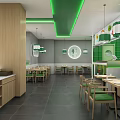 Modern Green And White Restaurant Interior With Pendant Lights Wooden Tables And Chairs