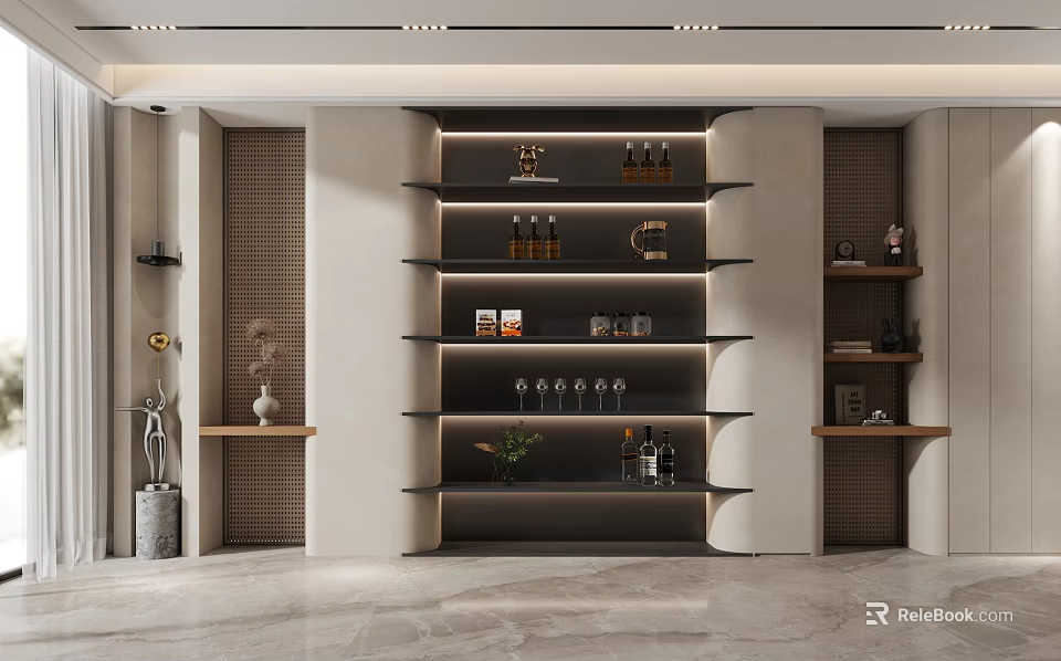 Modern Wine Cabinet With Layered Shelves Displaying Wine Bottles Glassware And Decorative Items 3d model 