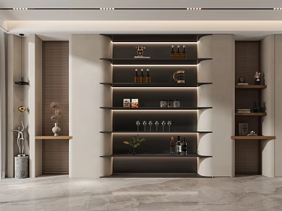 Modern Wine Cabinet With Layered Shelves Displaying Wine Bottles Glassware And Decorative Items 3d model
