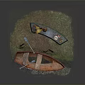 Rustic Waterside Scene With Wooden Boat Gramophone Small Bench Flowers And Green Grass