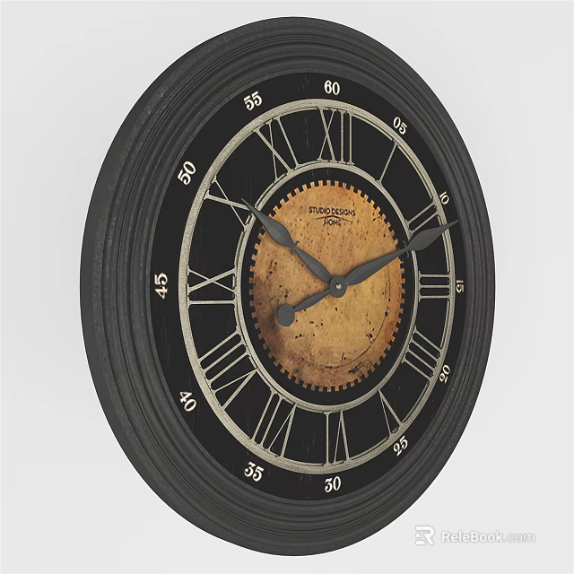Vintage Round Wall Clock with Roman Numerals Black Dial and Gear Design 3d model