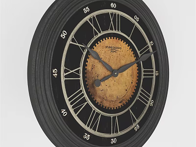 Vintage Round Wall Clock with Roman Numerals Black Dial and Gear Design 3d model