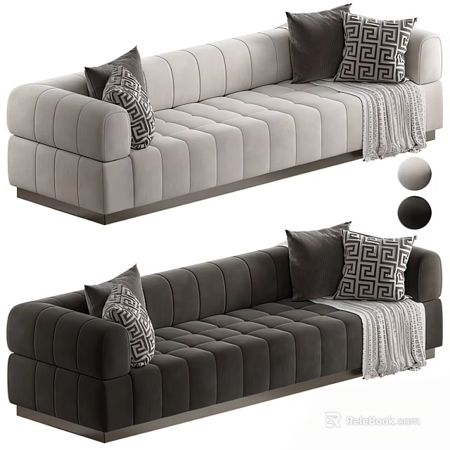Velvet Sectional Sofa With Patterned Pillows Gray Throw Blanket And Dark Gray Color 3d model
