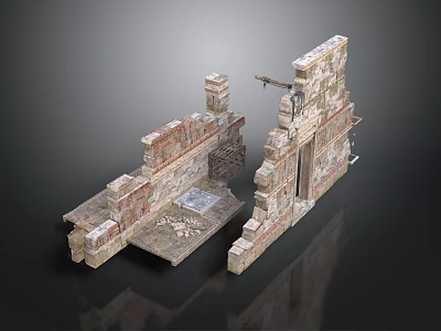 Ancient Ruined Building Structure With Broken Brick Walls And Stone Fragments 3d model
