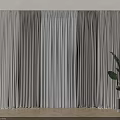 Beige Vertical Striped Layered Curtains With Sheer Window White Wall Wooden Floor And Green Plant