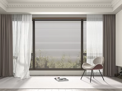 White and Brown Curtains With Blinds For Window In Modern Room With Chair And Rug 3d model