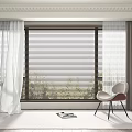 White and Brown Curtains With Blinds For Window In Modern Room With Chair And Rug
