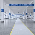 Spacious Industrial Factory Interior With White Pillars Blue Signs Hanging Equipment and Floor Lines