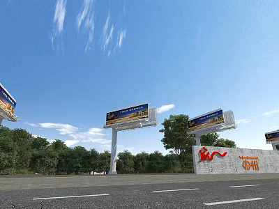 Outdoor Garden Landscape with Lush Greenery Trees Roadside Billboards and Red Sign Wall 3d model