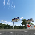 Outdoor Garden Landscape with Lush Greenery Trees Roadside Billboards and Red Sign Wall
