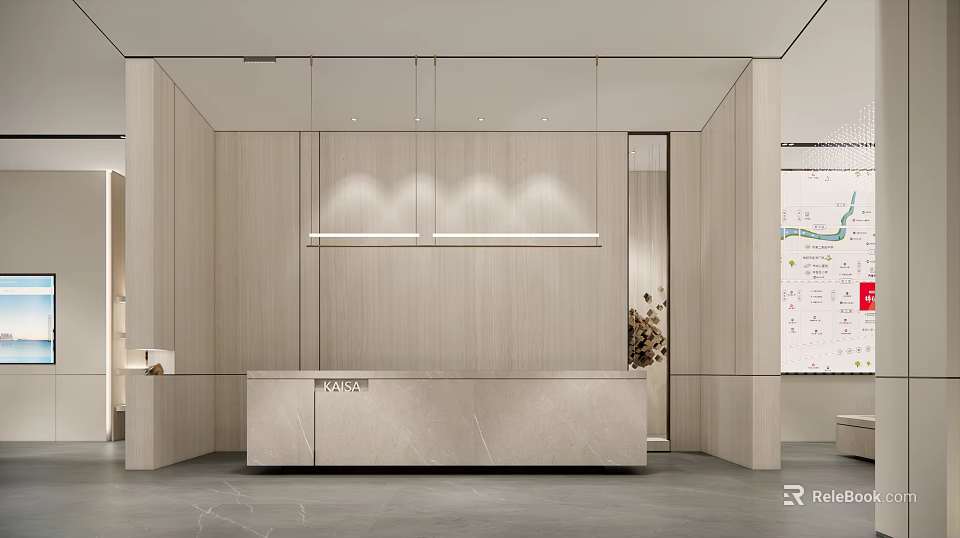 Modern Minimalist Hotel Public Lounge Interior Design With Marble Counter Wooden Walls And Lighting 3d model 