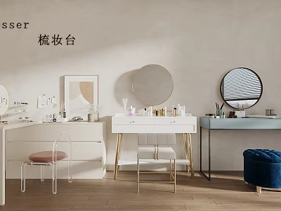 Modern Vanity Tables with Round Mirrors Stools and Decorative Items 3d model